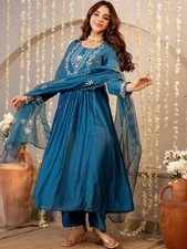 Women Blue Embroidered Anarkali Kurta Dress With Dupatta Indian Ethnic Wear