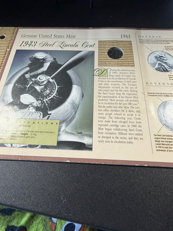 1943 Steel Lincoln Cent Genuine U.S. Mint Display w/ Certificate