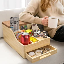 Couch Caddy with Cup Holders, Multi-Use Sofa Table with Flip Top Push-Pull Drawe