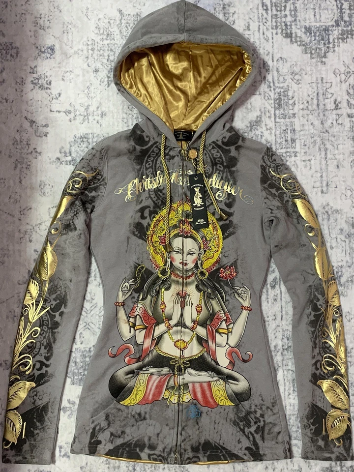 РЕДКАЯ винтажная толстовка с капюшоном Y2K Christian Audigier Grunge Goddess со стразами новая с ценниками XS - Изображение 4 из 4