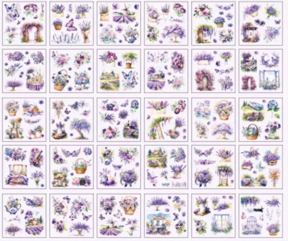 Stickerbögen 10 Bögen je Set Blumen Bäume Schmetterlinge Häuser Lavendel - Bild 2 von 3