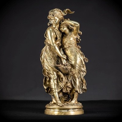 Bronzeskulptur von Hippolyte Francois Moreau zwei Schwestern 1800er Antik 18,1 Zoll
