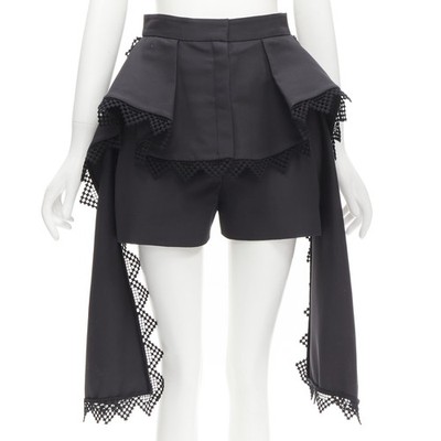 ALEXANDER MCQUEEN black lattice layered peplum high low draped shorts IT38 XS
