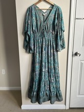 Maxi Vestido Largo Cachemira Campesina Boemo Cintura Elástica Volantes Fluidos Manga Larga L