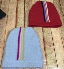 2 Lands End Wool Ski Beanie Hat Large Light Blue and Red Knit Womens