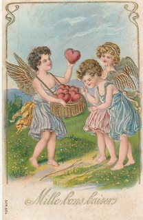 cpa gaufrée dorée MILLE BONS BAISERS anges angelots corbeilles de coeurs