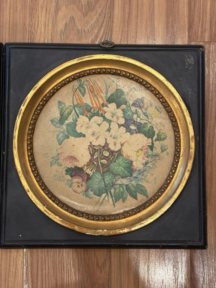 PAR DE CUADRADOS DE ARTE FLORAL VICTORIANOS COLGANTES DE PARED DE BORGHESE DE COLECCIÓN ORIGINALES 9,5 PULGADAS Foto 2 de 4