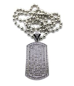Dog Tag Necklace New ID Pendant with Rhinestones on 36 Inch Franco Style Chain