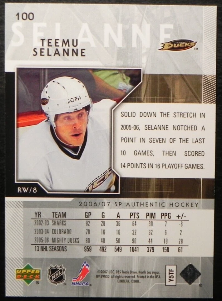 2006-07 06/07 SP Authentic #100 Teemu Selanne Anaheim Ducks - Image 2 of 2