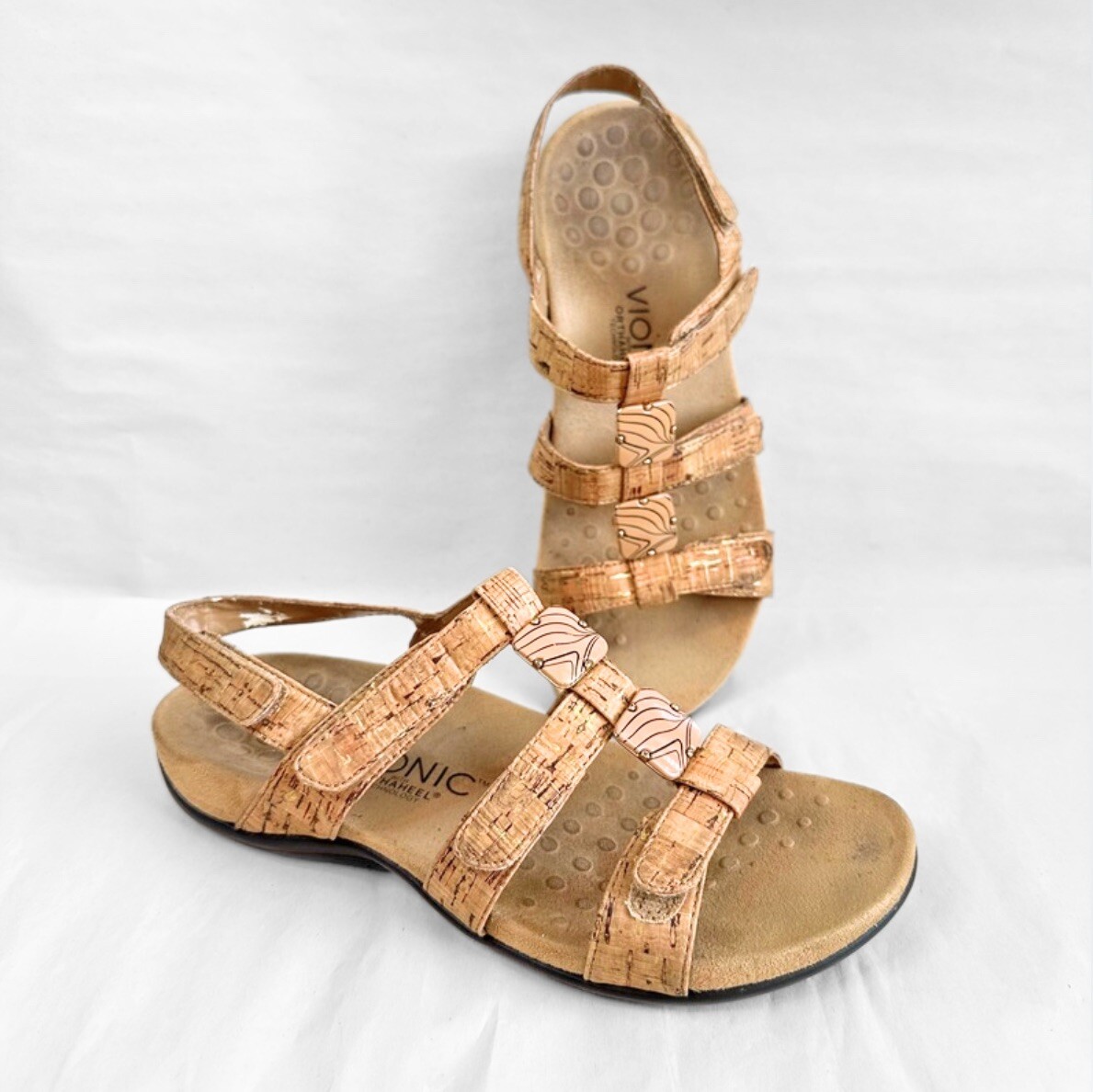 Vionic $100 Women 7 Adjustable Back Strap Sandals “Amber Gold Cork” Arch Support