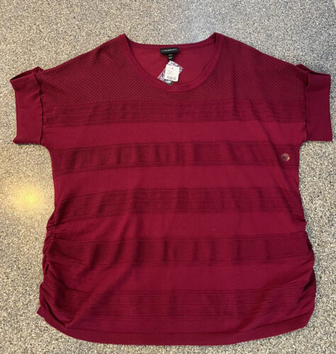 Lane Bryant Scoop Neck Short Sleeve Maroon Sweater 18/20 Ruched Button Accent - Picture 2 of 12