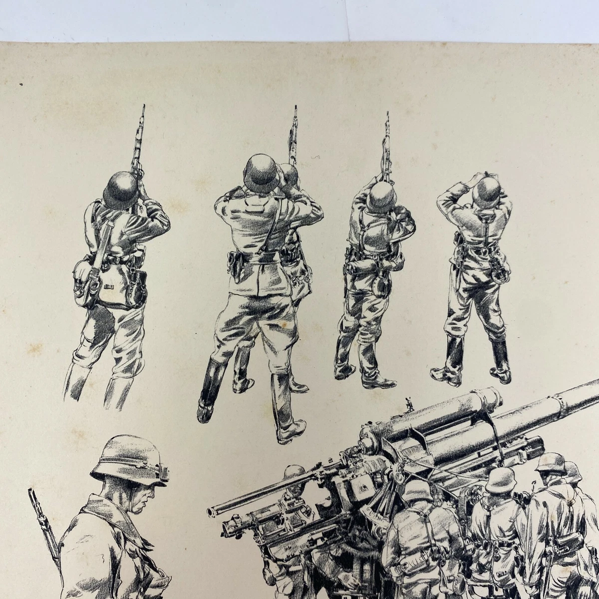 WWII German Soldier Artillery Combat Art Sketch Drawing World War II Era  Relic