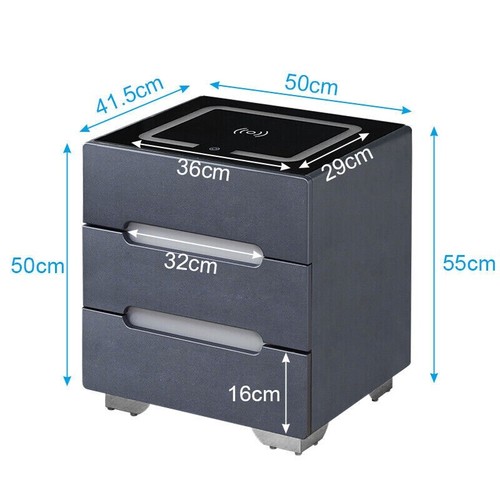 Grey Bedside Tables LED Lights Cabinets 3 Drawers Wireless Charging Bedroom - Picture 4 of 13