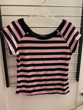 Pink And Black Striped Top, XL, Hiatus, Zip Trim, Short Sleeves