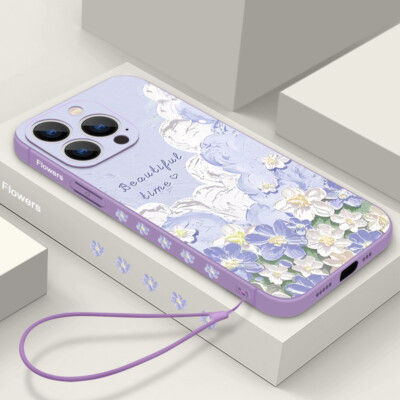 Für iPhone 15 14 13 12 Pro Max 11 XR XS Ölgemälde Blume Strap Soft Phone Case