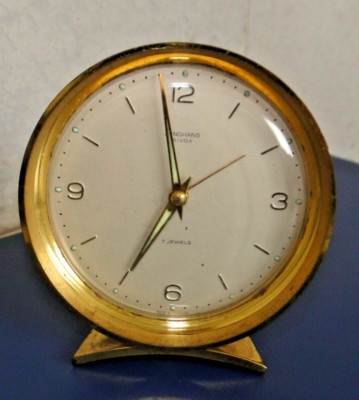 alter Wecker JUNGHANS BiVOX 7 JEWELS Gehäuse rund vergoldet 1960 funktioniert