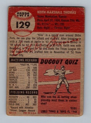 1953 Topps #129 Keith Thomas LOW GRADE Vintage Baseball Card - Picture 2 of 2