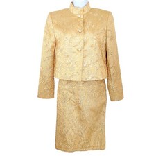 Vintage 90s Y2K Perry Ellis Gold Brocade Suit Jacket Pencil Skirt Metallic 4 / 6