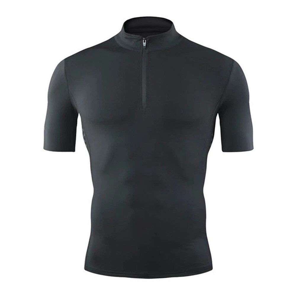 Men's Short Sleeve Fitness Shirt Quick Dry Sports Zipper Collar GYM T-shirt