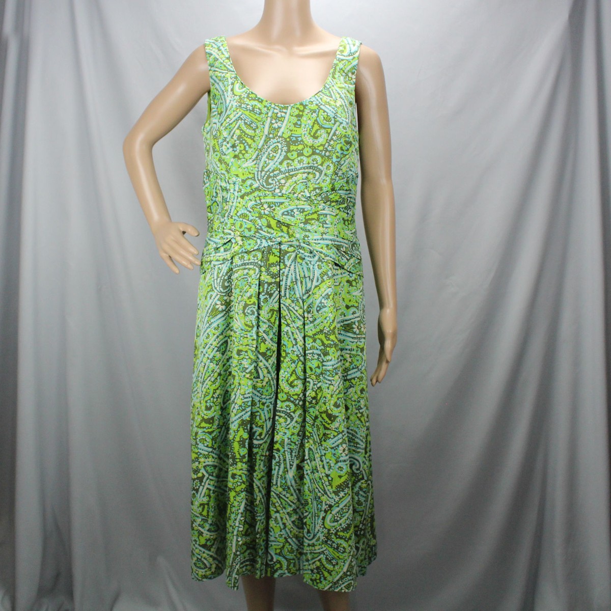 Liz Claiborne Green Abstract Dress Sleeveless Knee Length Scoop Neck Sz 12