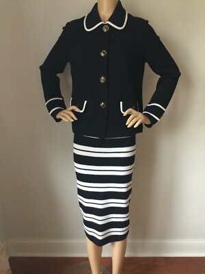 NWT St John Knit Suit skirt jacket size Black Bright white santana