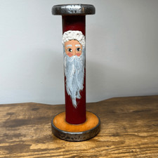 Wooden Bobbin with etched and Painted Santa unknown artist unsigned can