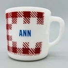 VTG Westfield Name Mug "ANN" Coffee Cup Milk Glass Red White Plaid Gingham USA