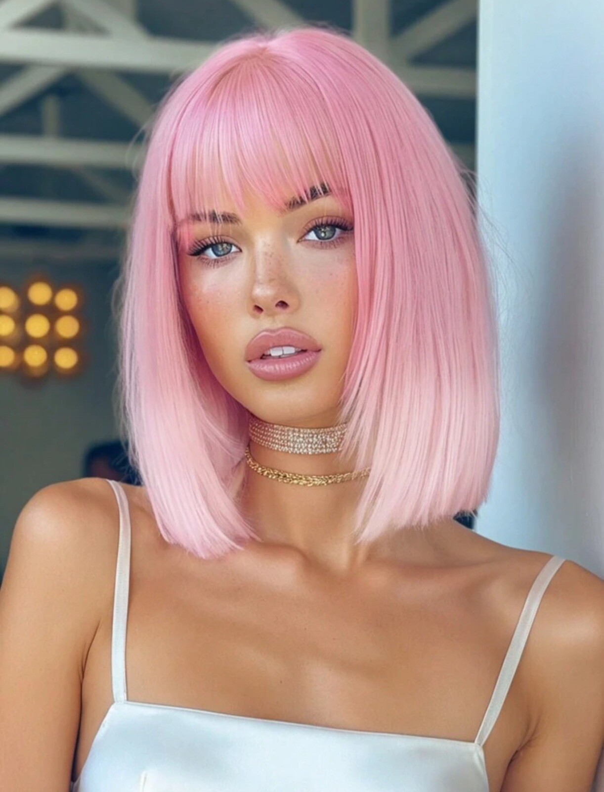 Perruque synthétique rose lisse 35cm haute résistance avec frange et 4 bonnet