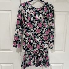 80s womens vintage clothing Floral Ruffle Bottom Long Sleeve Dress —Made In USA