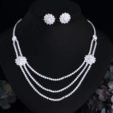 Flower Multi-Layer Necklace Earrings Set Silver Plated CZ Engagement Jewelry