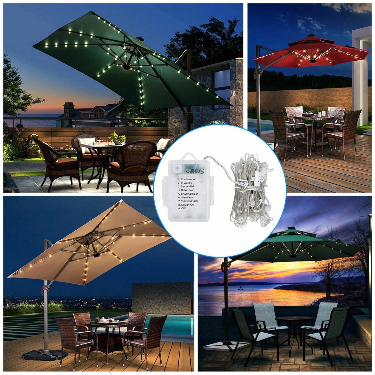 LED Patio Umbrella String Light 8 Lighting Modes For Outdoor Parasol W/  Remote | eBay