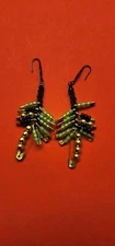 Handmade Gold and Green Beaded Safety Pin Earrings – Artistic Statement Jewelry