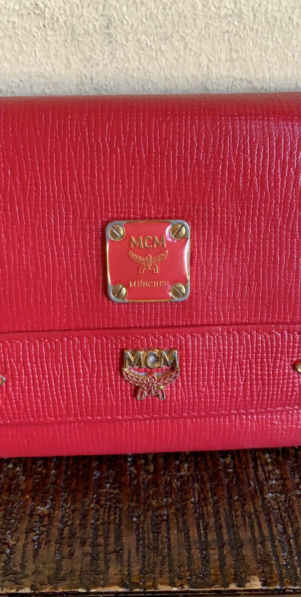 Authentic MCM Red Med Leather Studded Logo Motifs Trifold Wallet W