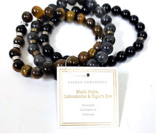 NEW SET OF 3 SACRED GEM STONES BEADED BLACK ONYX,TIGER EYE,LABRADORITE BRACELET