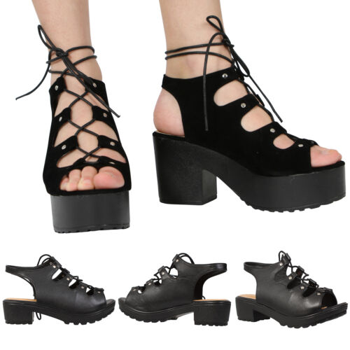 GIRLS KIDS MID LOW BLOCK HEEL SANDALS CHUNKY LACE UP CUT OUT GLADIATOR SHOES - Picture 1 of 9
