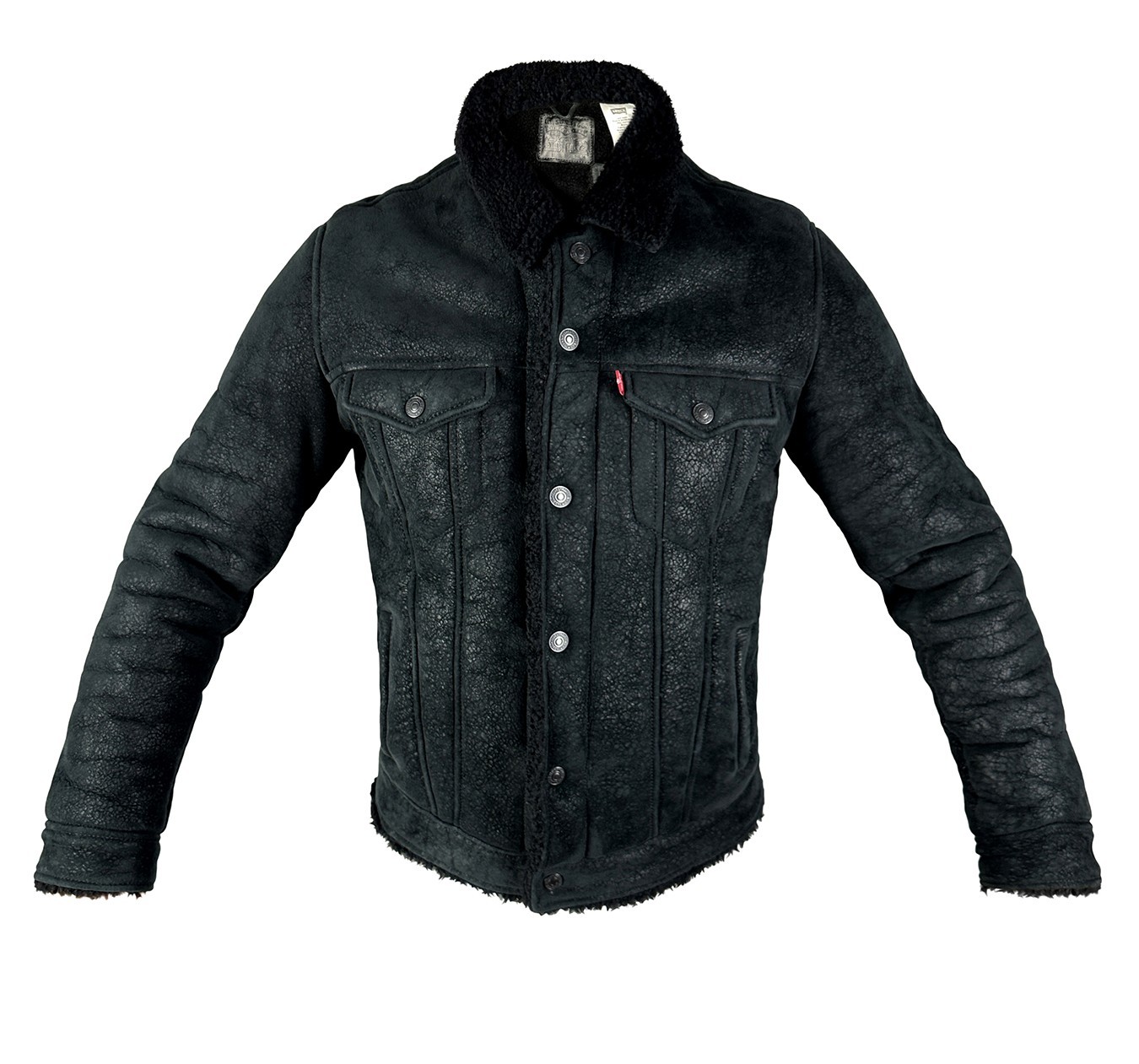 LEVI STRAUSS LEATHER JACKET Sherpa mens M coat levi's trucker black Vintage