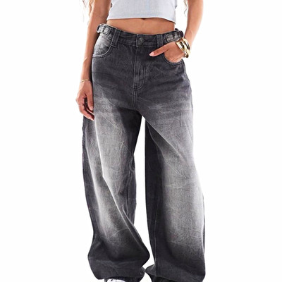 Bershka Women s Gray Wide Leg Barrel High Rise Cargo Jeans, Buckle, US 2