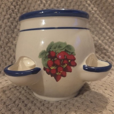 Vintage Keramik Erdbeertopf Übertopf 6'' Creme & Blau Multi-Pocket Kräuterglas