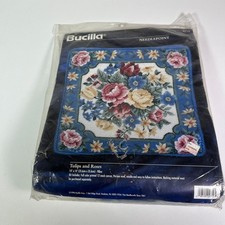 Bucilla Needlepoint Tulips and Roses 14" x 14" Floral Pillow Vintage 1996  NEW 