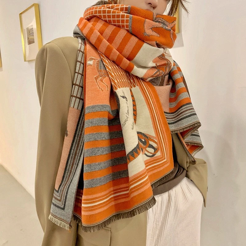 Oversized Orange Grey Horse Print Shawl Wrap Cashmere Feel Scarf Equestrian Chic - Image 4 of 4