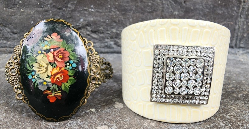 Vintage Russian Hand Painted Floral Brooch Black Lacquer Upcycled To Cuff Bracel