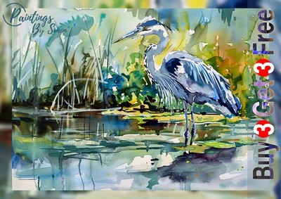 Blaureiher in Feuchtgebieten 5''x7'' Druck auf mattem Papier | Aquarell Tierwelt Kunst