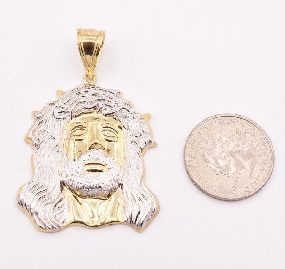 Enorme colgante de cabeza de Jesús con corte de diamante de 2 1/4" para hombre de oro amarillo blanco real de 10 quilates Foto 3 de 4
