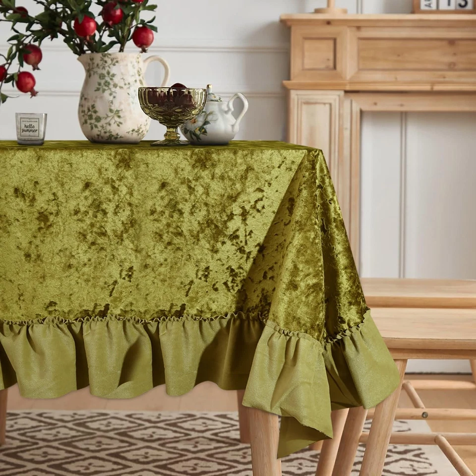 Olive Green Ruffles Ruffle Tablecloth, Vintage French Country House Iced Velv... - Image 2 of 4
