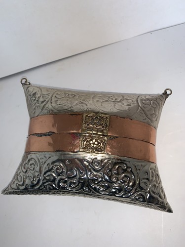 Vintage Pillow Purse Evening Bag Brass & Copper 1930s Blue Velvet Lining Cushion - Picture 6 of 9