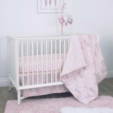 DwellStudio Beautiful Boheme 3pc Pink Grey Peacocks Feathers Crib Bedding Set