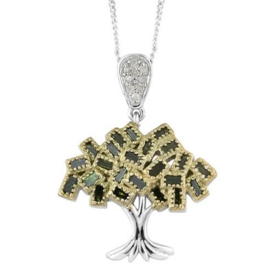 Green Diamond, White Diamond Tree of Life Pendant with Chain in Sterling Silver 
