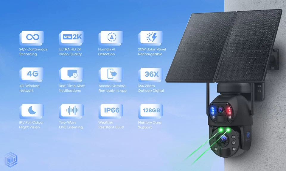 Wireless Security Camera 4G Two Lens 360 2K Solar Panel 24/7 Recording 36X Zoom - Image 2 of 4