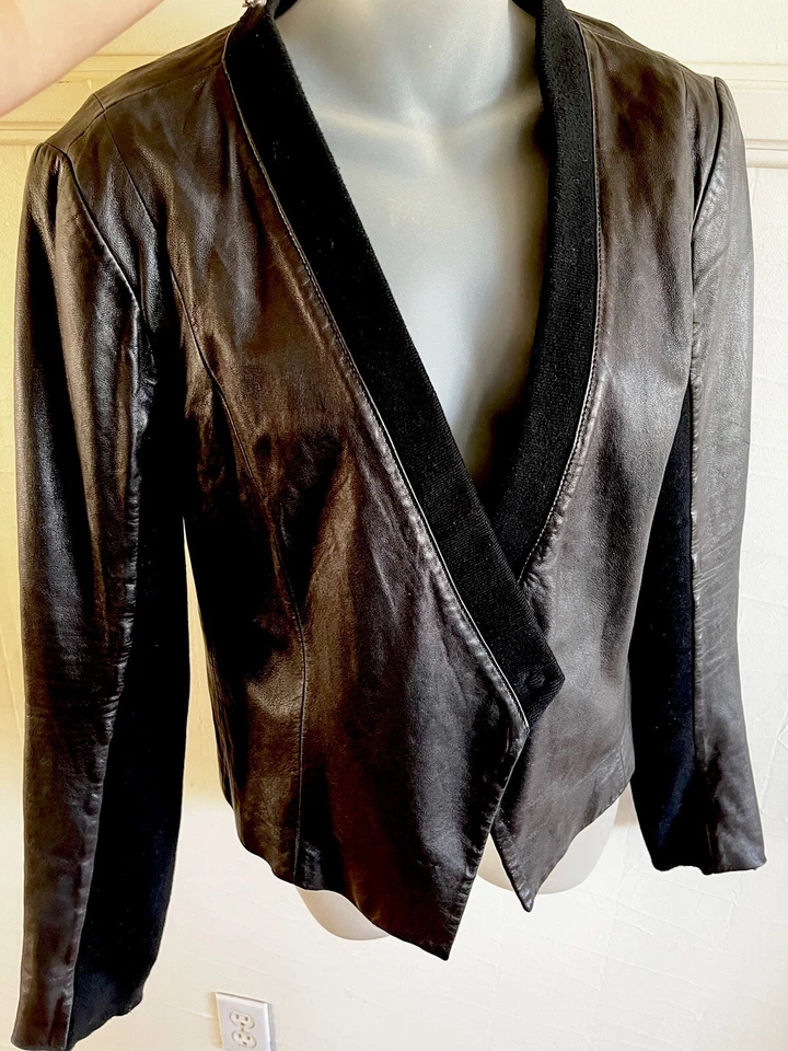Trouvé Leather Black Asymmetrical Drape Front Moto Jacket Women’s Sz L Large - Image 4 of 4