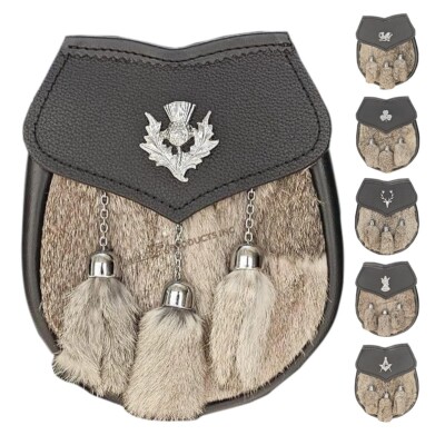 AAR Mens Semi Dress Sporran Brown Rabbit Formal Fur 3 Tassels Leather Belt Chain